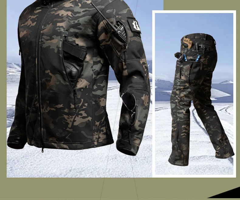 Herren Tarnanzug 2-teiliges Set mit Kapuze, winddichte Softshell-Jacke, Multi-Taschen-Cargohose, Militäranzug für Outdoor-Jagd und Wandern. – Detail 3