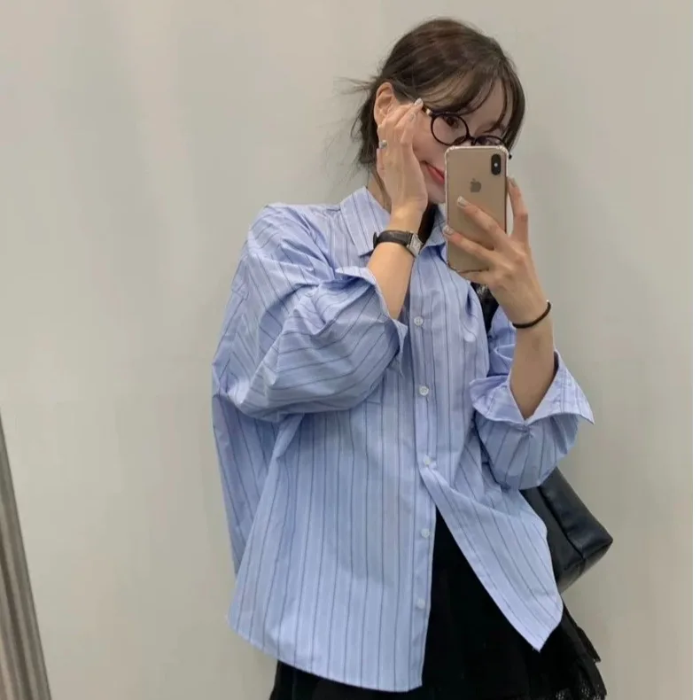 2026 Summer New Korean Style Chic Fashion Simple Blue Striped Pocket Long Sleeve Women's Shirt Top Breathable Skin-Friendly