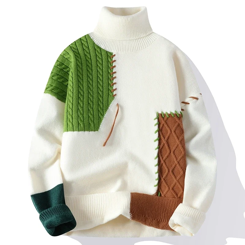 Pull à col roulé en tricot pour hommes et femmes, pulls décontractés, patchwork chaud, haute qualité, mode automne et hiver, nouveau