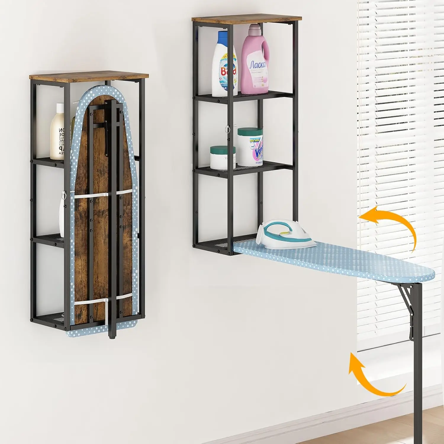 

Wall-Mounted Ironing Board with 3-Tier Storage, Full Size Tabletop Stand for Home and Apartment in Rustic Brown