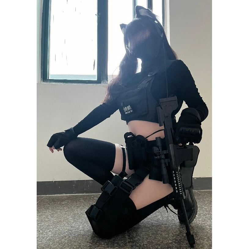 Military Tactical Cosplay Costume Set Face Covering Armed Girl Uniform Game Innerwear Gridded Pattern for Older Teens And Adults