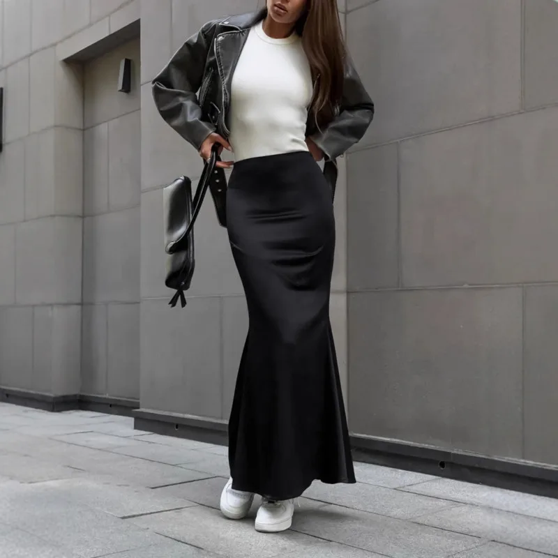 

Autumn Winter Black Long Skirt With High Waist Design Trendy Mermaid Silhouette Office Lady Bodycon Slim Elegant Daily Outfit