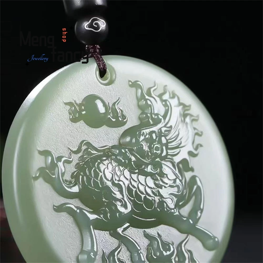 Hetian Green Jade Fire Unicorn Plaque Pendant Exquisite Elegant Simple High-grade Luxury Fashion Jewelry Mascots Holiday Gifts