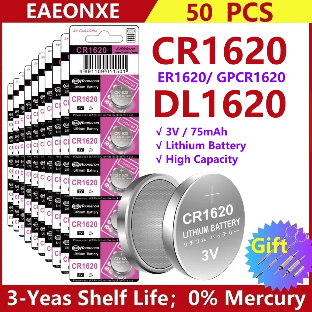 50pcs CR1620 Button Cell Battery 3V 1620 Lithium Battery for Watch Key Calculator Car Remote Toys etc