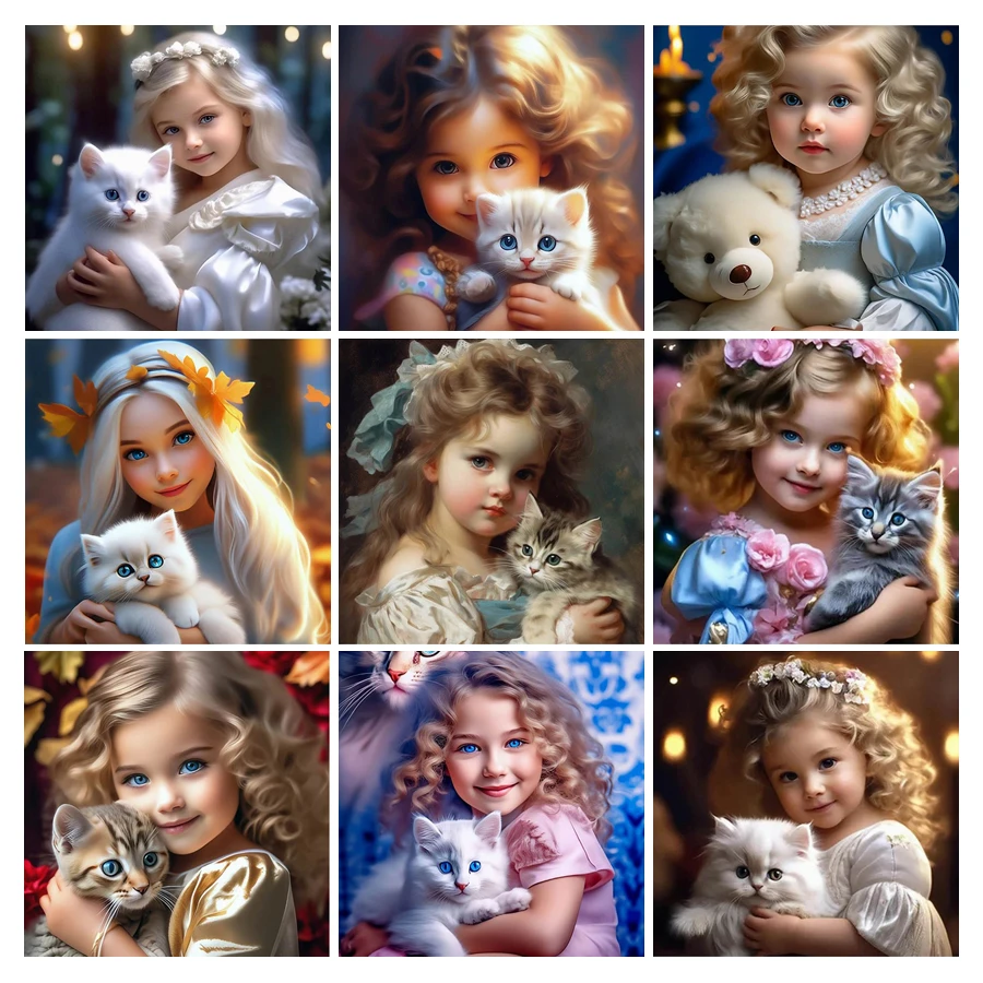 Diy 5d Diamond Painting Kits New Arrival 2024 Girl And Cat Full Mosaic Embroidery Cute Pet Animals Rhinestone Picture Kids Gift