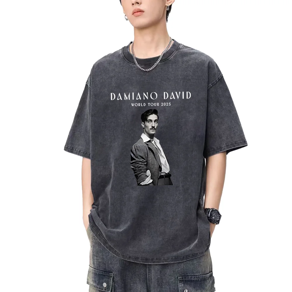 

Футболка Damiano David World Tour 2025 для мужчин и женщин, уличная одежда в стиле хип-хоп, винтажные потертые повседневные хлопковые футболки с короткими рукавами большого размера