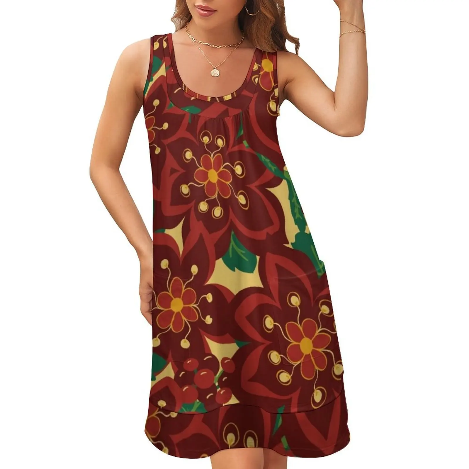 Poinsétia de Natal Vintage, vestido sem mangas com decote em U feminino boho, vestido falso de duas peças, noite, luxo, verão