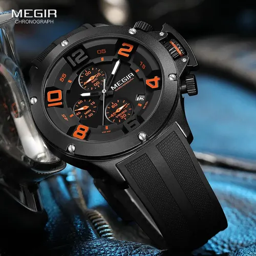 Imagen 2 del producto Reloj deportivo MEGIR de cuarzo con esfera grande para hombre, reloj de pulsera cronógrafo resistente al agua con fecha, correa de silicona, manecillas luminosas 8115
