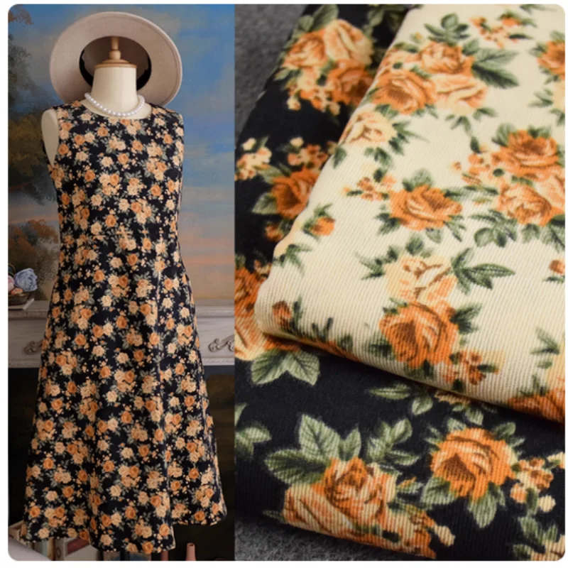

Elegant Retro Rose Print Corduroy Fabric For Autumn Winter Dress Suit Cheongsam Coat Face Shoe Surface Handmade Cloth, T2397