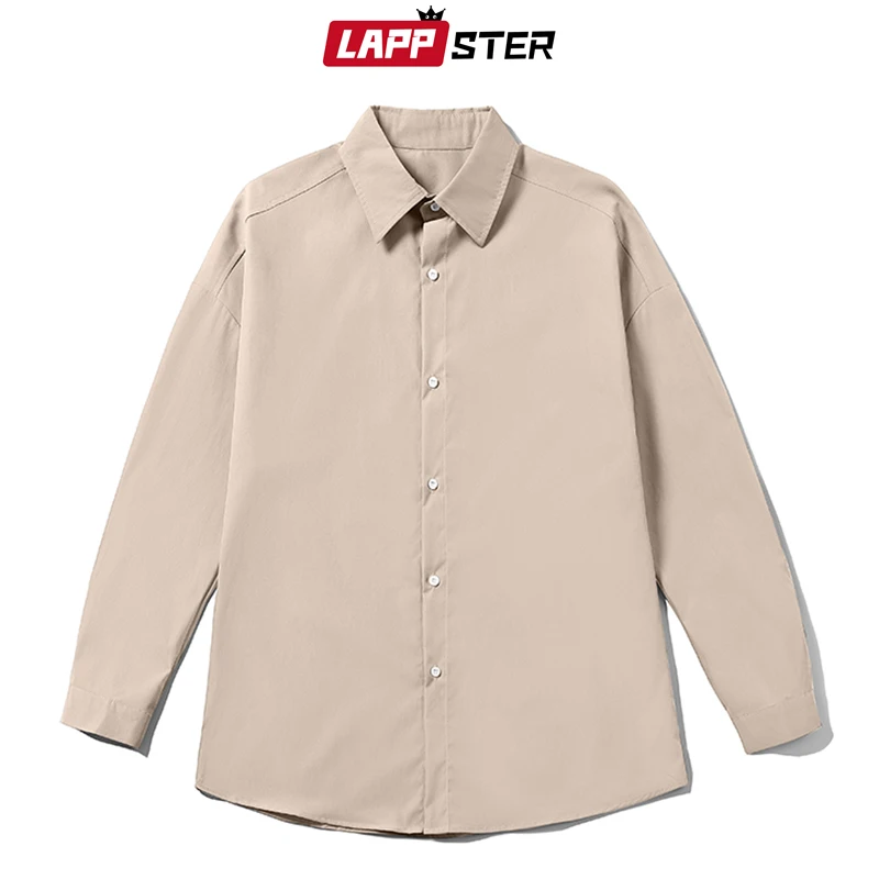 LAPPSTER Men White Solid Vintage Shirts 2023 Mens Harajuku Fashion Oversize Shirt Male Black Casual Streetwear Blouses Plus Size