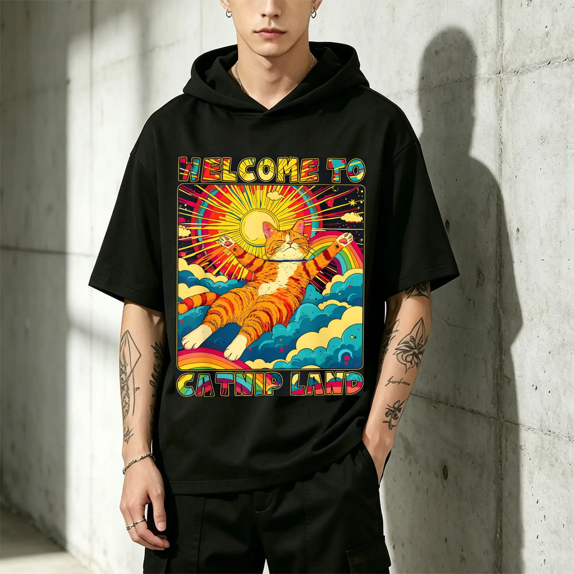Men's Summer Fashion Welcome to the Catnip Land Colorful Cat T-Shirt Casual and Comfortable