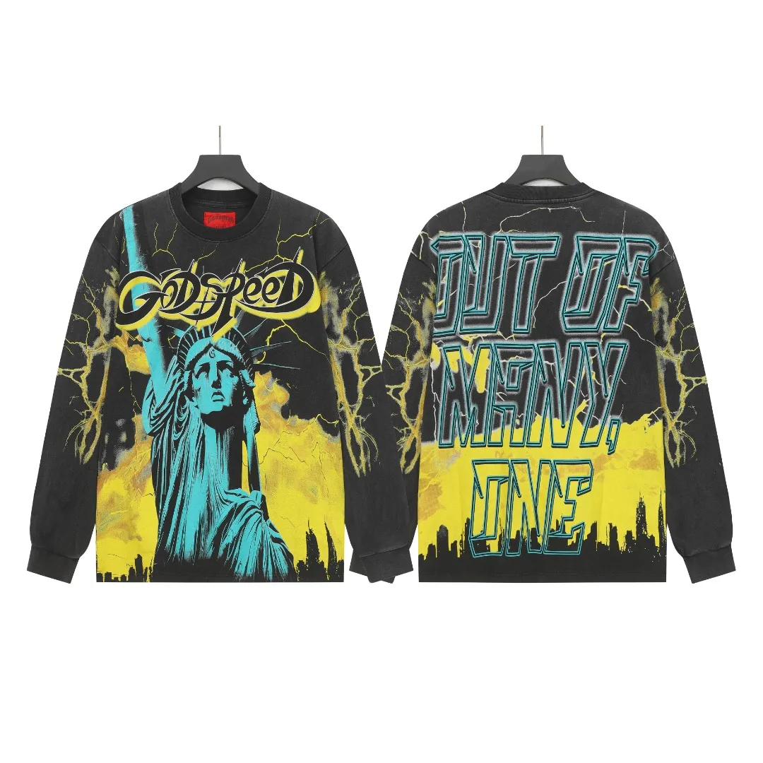 

Винтажная футболка Godspeed Waed High Street Long Sve, статуя Liber с буквенным принтом для мужчин и женщин, базовый слой, осенний хлопковый экипаж Ne