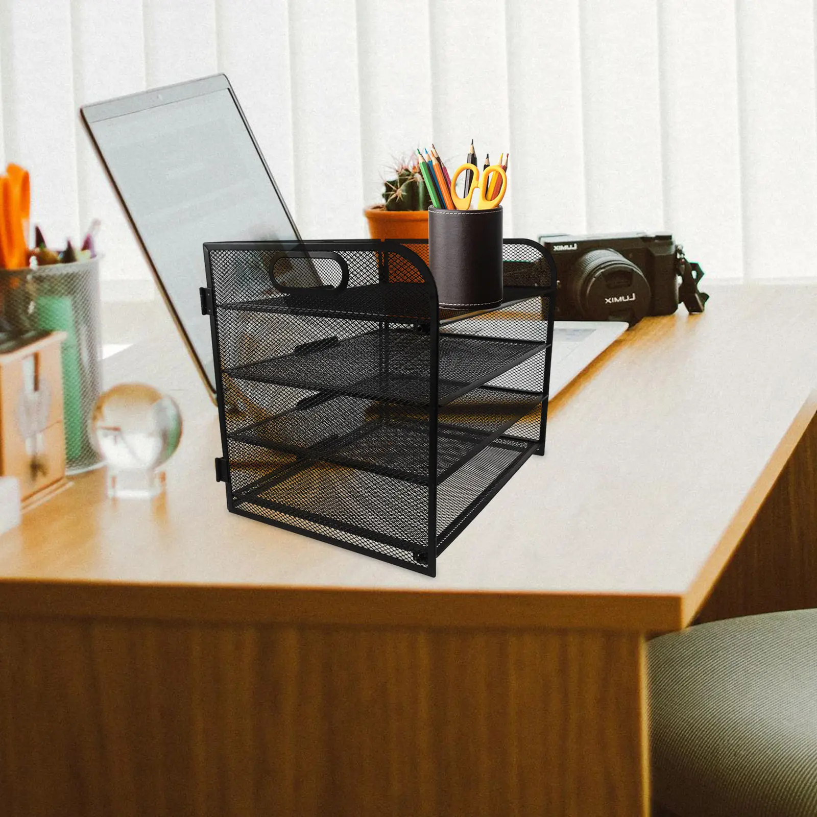 4 Tier Mesh File Organizer Desktop Paper Tray Handle Document Sorter Office Home School Storage Rack Folder Holder Metal Black