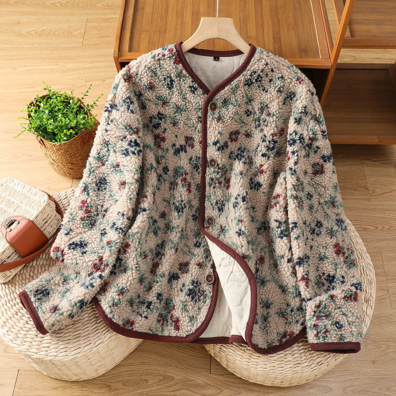

Winter Floral Warm Lamb Velvet Coat Women Flower Fashion Sweet Ladies Jackets Loose Korean Long Sleeve Woman Casual Outerwear