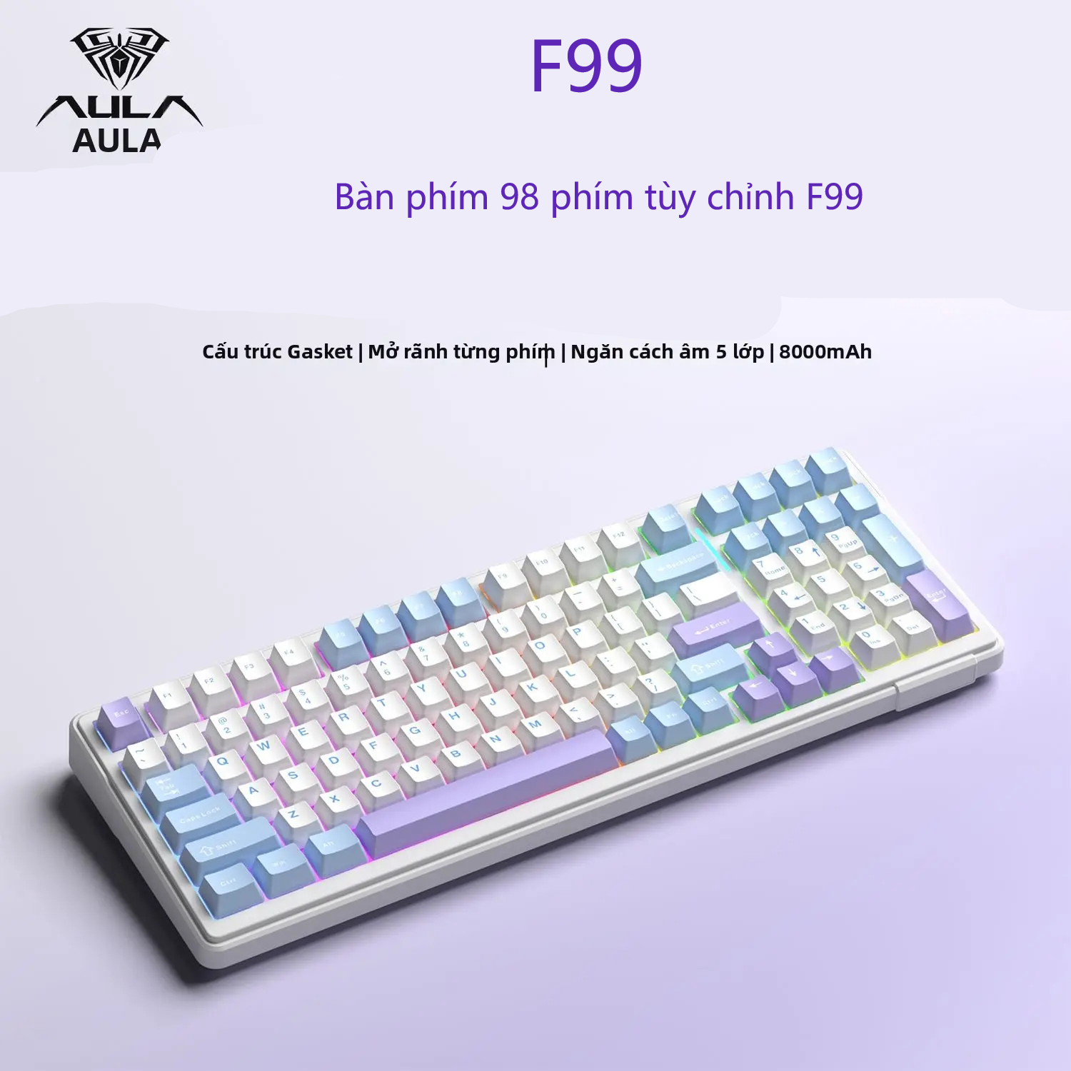 AULA-MOJING | Bàn phím cơ 98 phím không dây 3 chế độ Bluetooth bàn phím chơi game cho PC laptop văn phòng tùy chỉnh cấu trúc Gasket 8000mAh