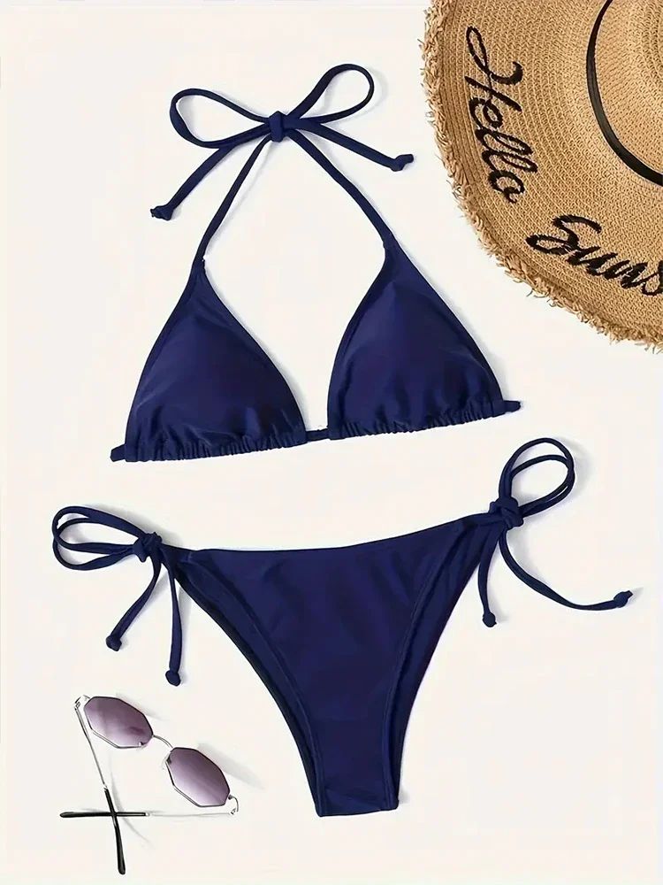 

Swimwear Thong Bikini Set Sexy New Navy Blue Swimsuits Woman Sexy Bathing Suits Bikinis Triangle Bandage Female Beachwear