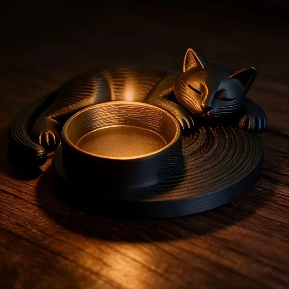 3D Printed Cat Candle Stand Ring-Shaped Cute Cat-shaped Storage Tray Kitten Sleeping Ornament Plastic Cat Candlestick