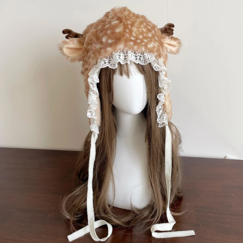 Kawaii Lace Winter Hat Faux Fur Plush Reindeer Furry Boots Socks Cover Gothic Cap Leg Warmers Performance Costume Bomber Hats