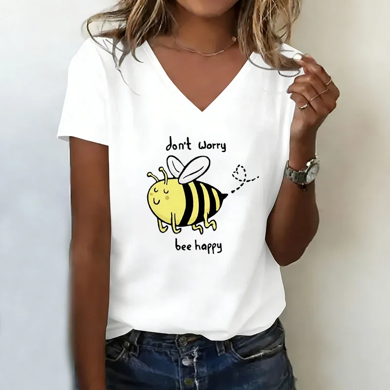 Kawaii Bee T-shirt V Neck Casual Fashion Animal Printed T Shirts Women Short Sleeve Tee Shirt V-Neck Summer Spring Tops