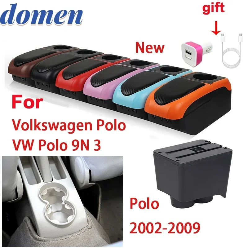 For Volkswagen Polo armrest box 2004-2009 For VW Polo Mk4 IV car armrest box For VW Polo 9N 3 armrest USB cup holder Accessories