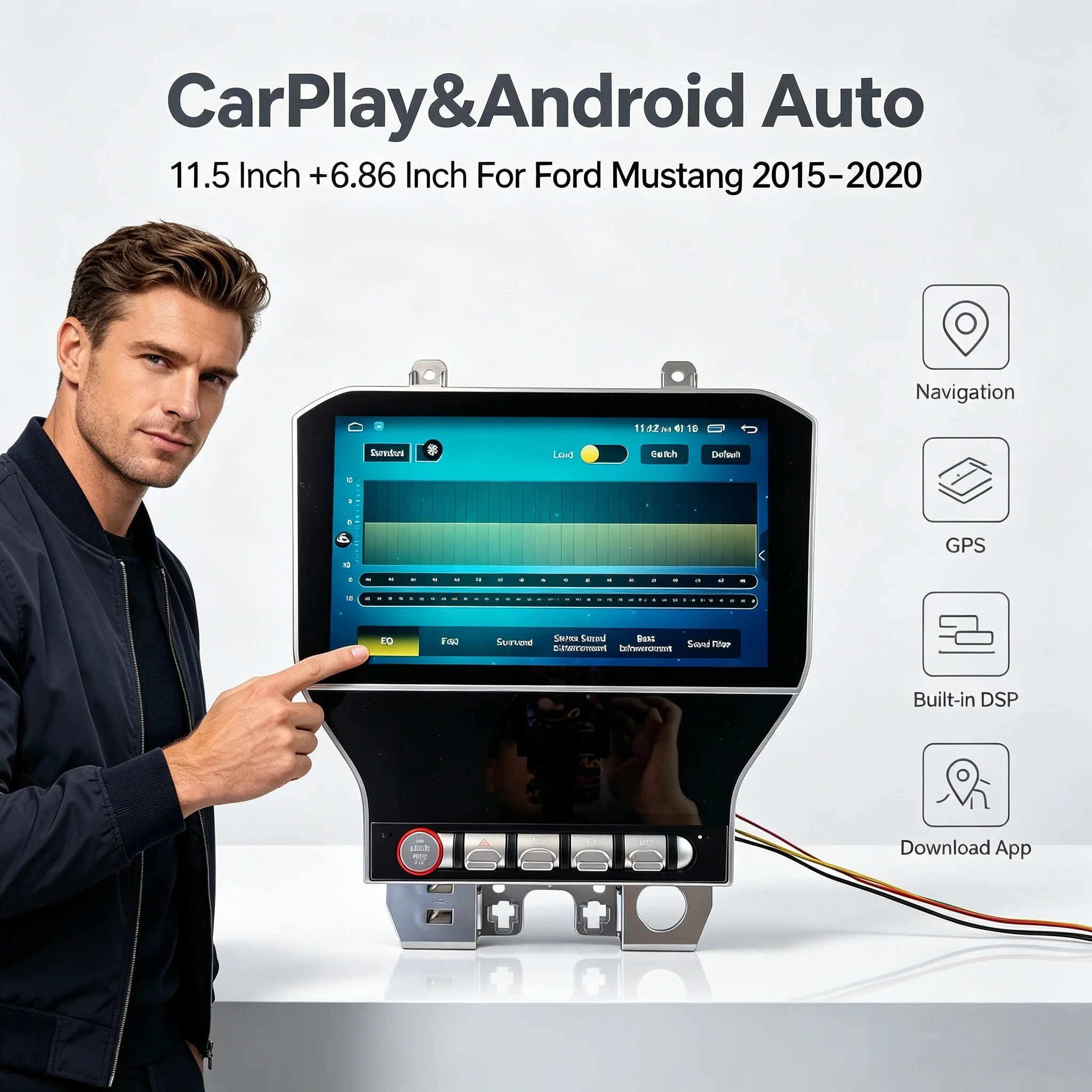 11.5inch+6.86inch Wireless Carplay For Ford Mustang 2015-2020 Auto GPS Multimedia Video Player Car Radio AC Screen Head Unit DSP