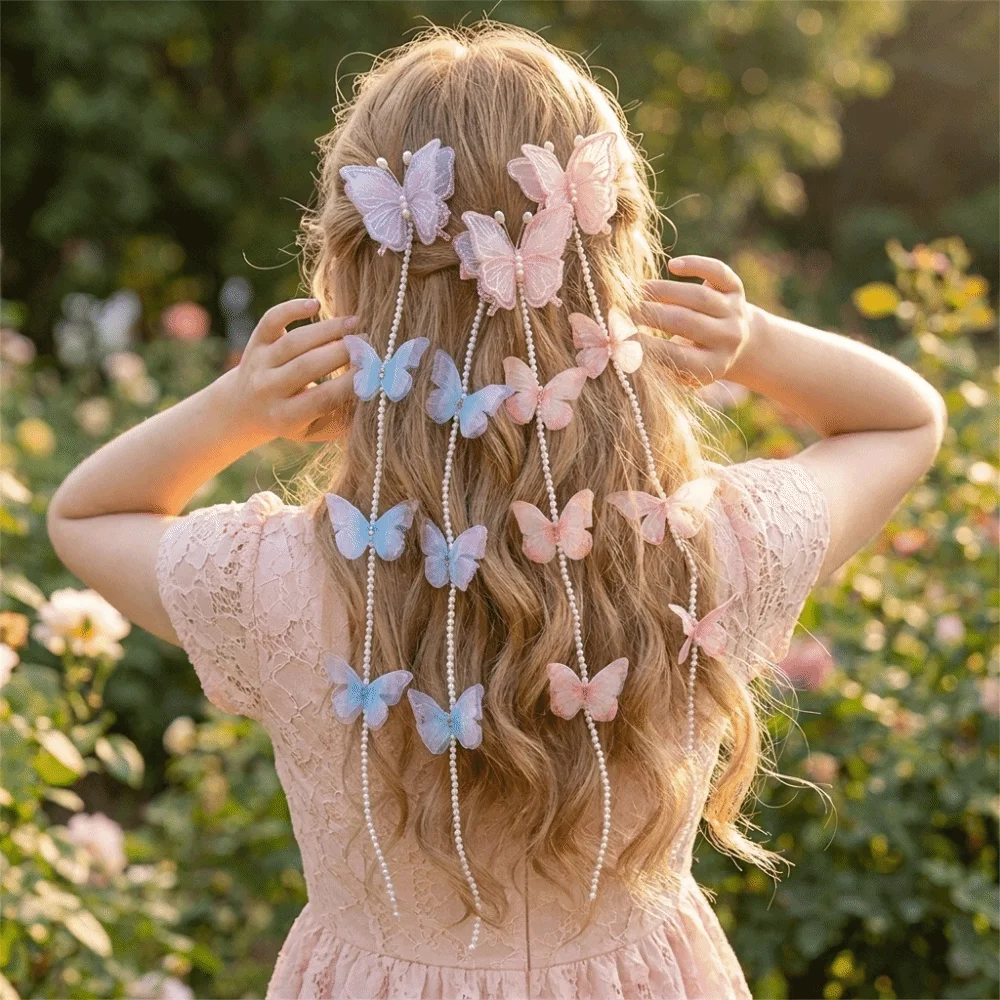 Sheer Mesh Butterfly Hair Clips Beaded Chain Multi-Color Braided Hair Clips Gradient Wings Long Tassel Hair Barrettes Outdoor