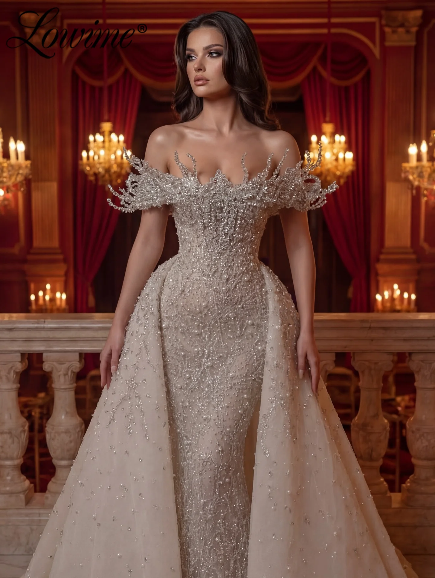 

Великолепные вечерние платья цвета шампань с открытыми плечами, украшенные кристаллами и жемчугом, арабские вечерние платья со съемным шлейфом, на заказ