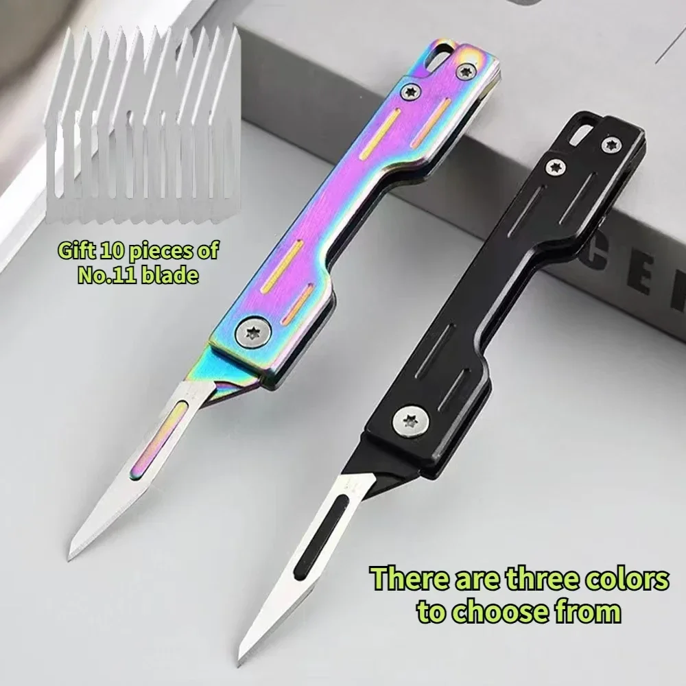 Machinery Folding Knife Stainless Steel Scalpel Medical Folding Knife EDC Unpacking Pocket Knife with 10pcs Replaceable Blades