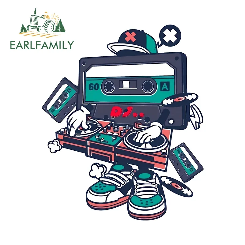 EARLFAMILY 13cm x 10.7cm Interesting Cassette DJ Car Stickers Graffiti Retro Light Disk Fanart Decal Sunscreen Windows Decor