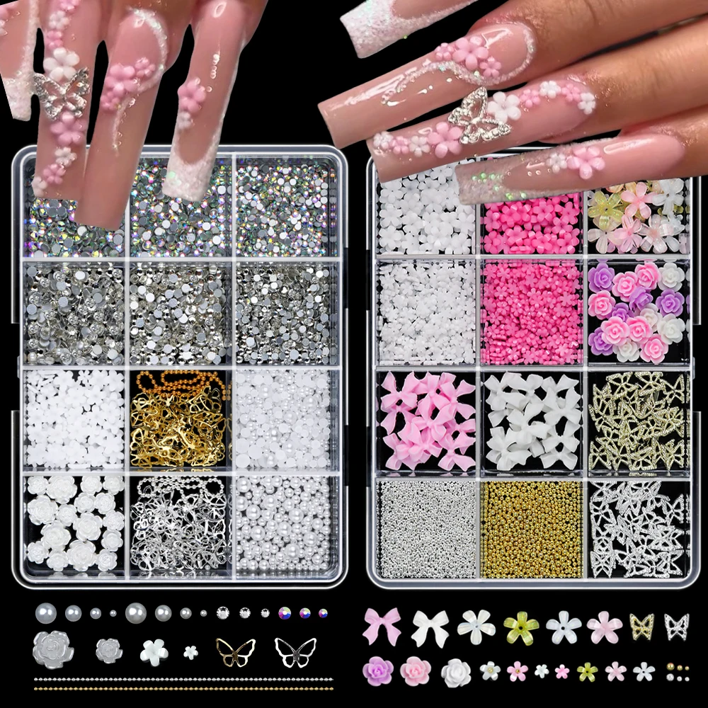 12 شبكة مختلطة ثلاثية الأبعاد زهرة/الورود/القوس/فراشة/الذهب والفضة الخرز مسمار السحر مسمار الفن الديكور Kawaii لتقوم بها بنفسك مسمار الفن اكسسوارات