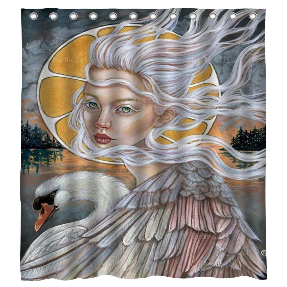 A Feathered Woman With White Hair Holds A Swan In Her Arms Shower Curtain By Ho Me Lili For Bathroom Decor