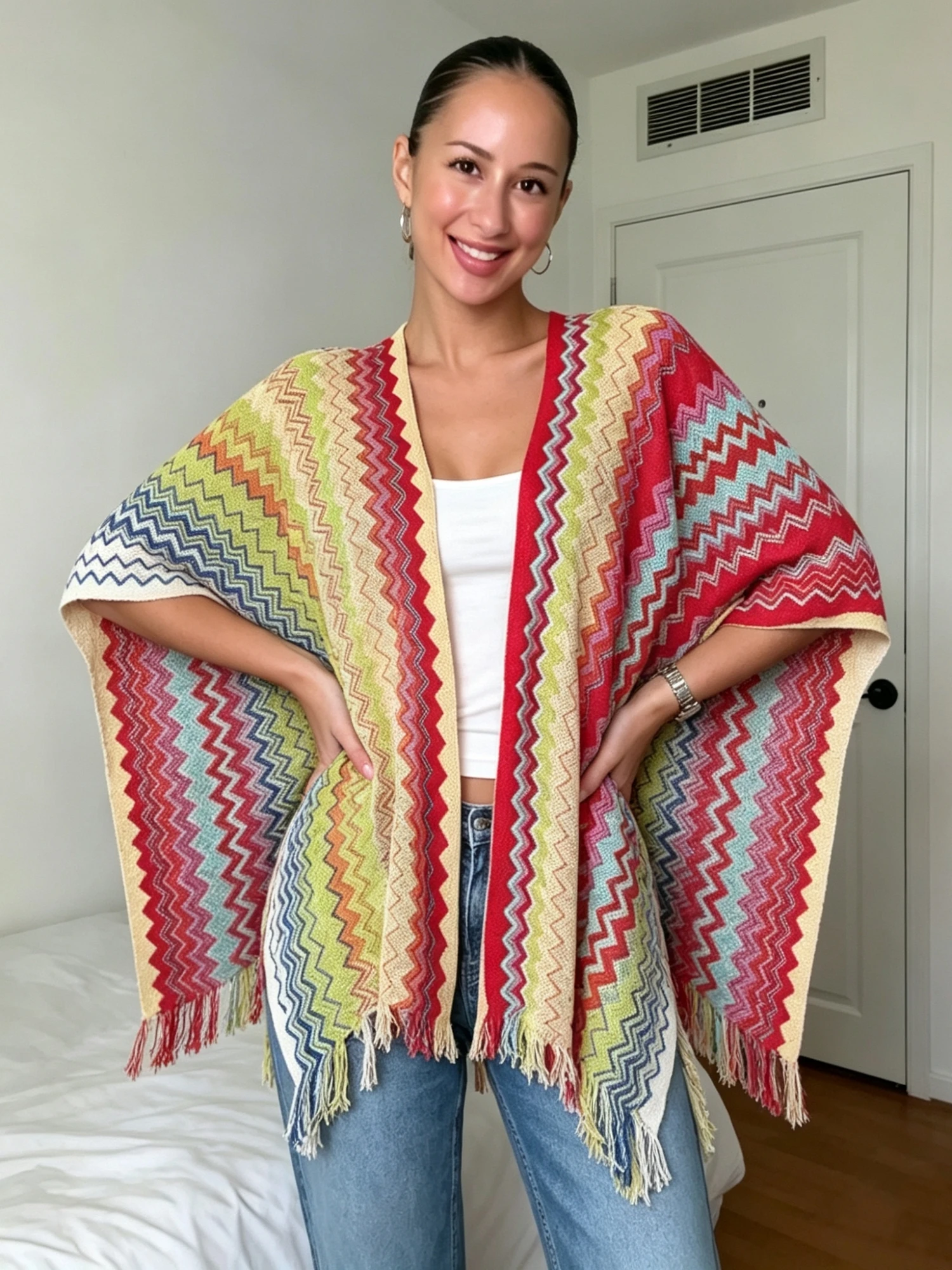 Womens Beach Poncho Cover Ups Tassel Hem Open Front Loose Fit Shawl Wraps view 4
