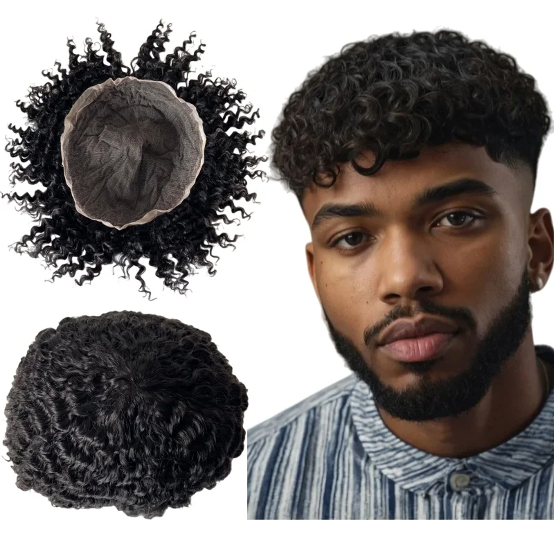 

Indian Virgin Human Hair Systems 1B Black 12mm Wave Toupee 8x10 Lace Units for Black Men