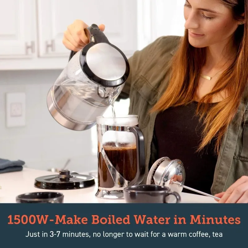 スピードボイル電気ケトル、1.7L湯沸かしケトル（BPAフリー）1500W自動電源オフ＆空焚き防止、LEDインジケーター