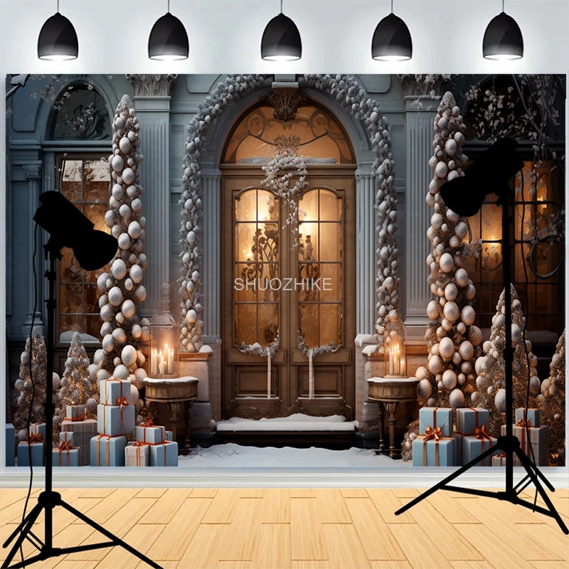 

Front Door Christmas Day Decoration Photography Backdrops Happy New Year Fireplace Xmas Day Family Party Photo Background XH-56