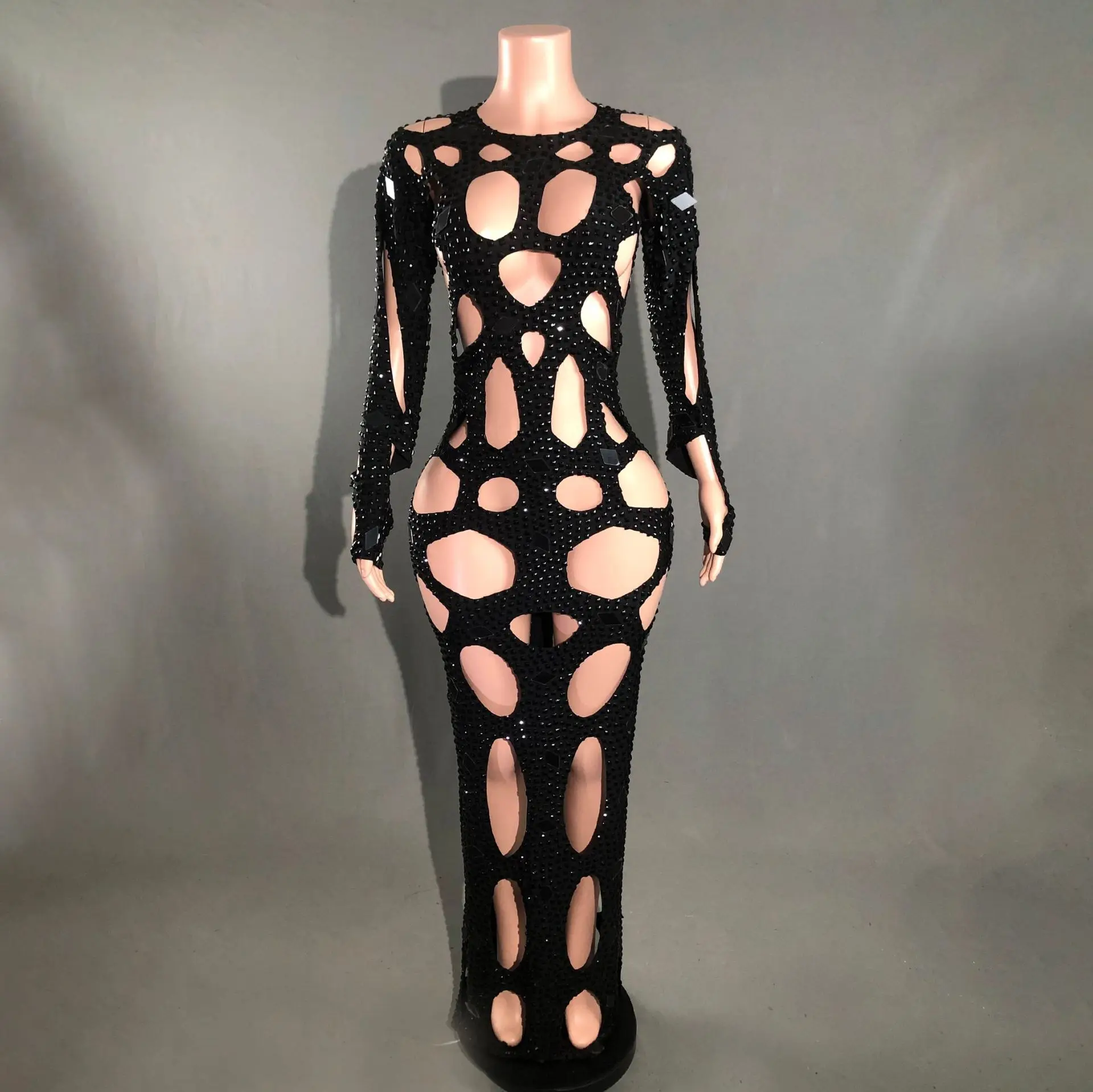

High Quality Grid Hollow Gold Acrylic Rhinestone Fashion Sexy Night Hole Dress Vestido Piedras Brillantes Evening Dresses Luxury