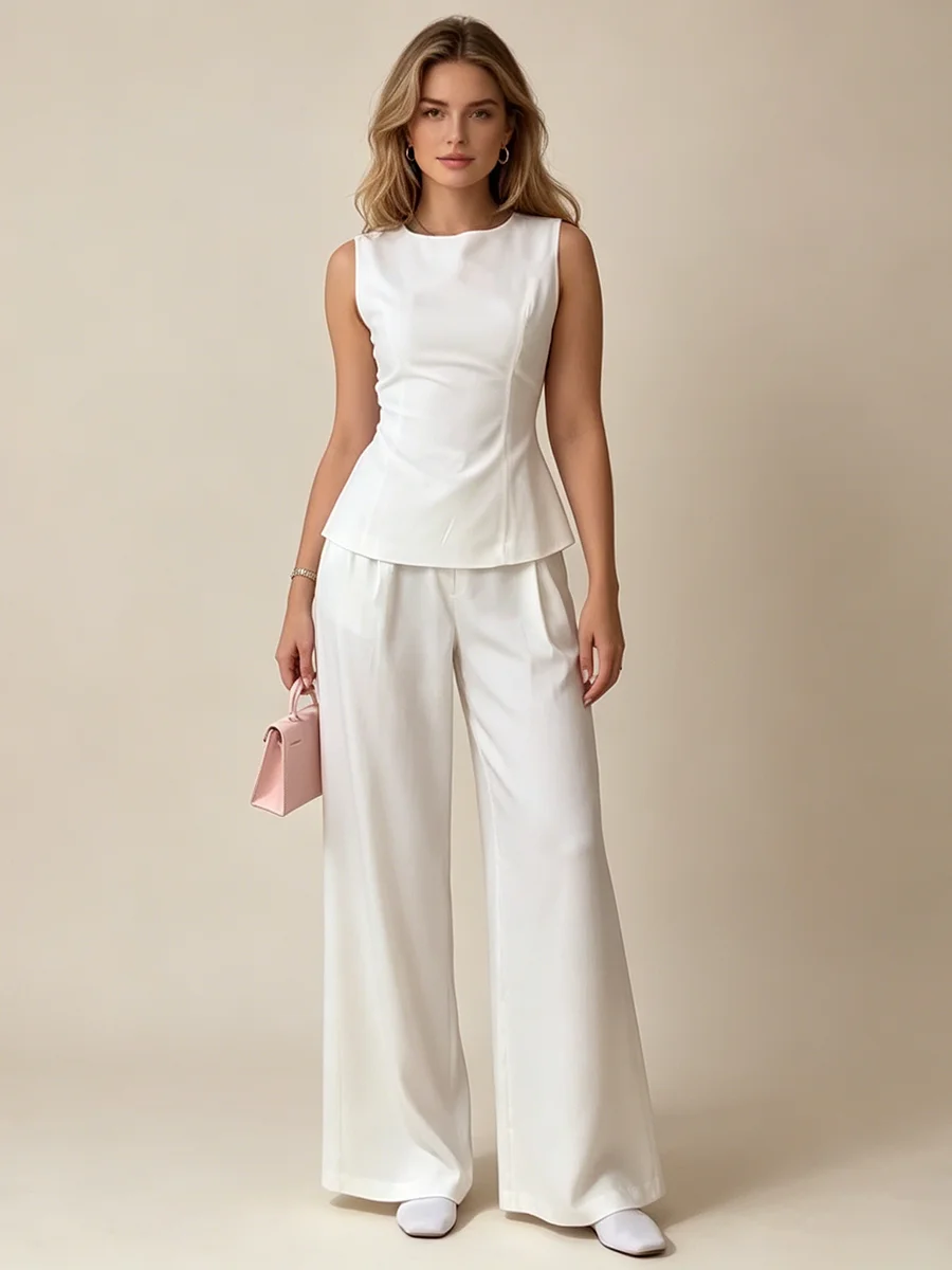 

LIMO Tailored Sleeveless Peplum Top & Wide-Leg Pants 2-Piece Set, Elegant Office Commute Matching Outfit, Chic Minimalist Forma
