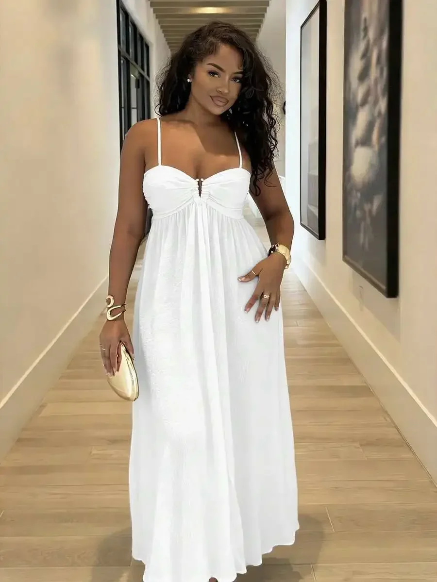 

White Maxi Dress With Ruched Sweetheart Top, Spaghetti Straps, Flowy Skirt For Summer Beach Vacation Festival Boho Chic Outfit