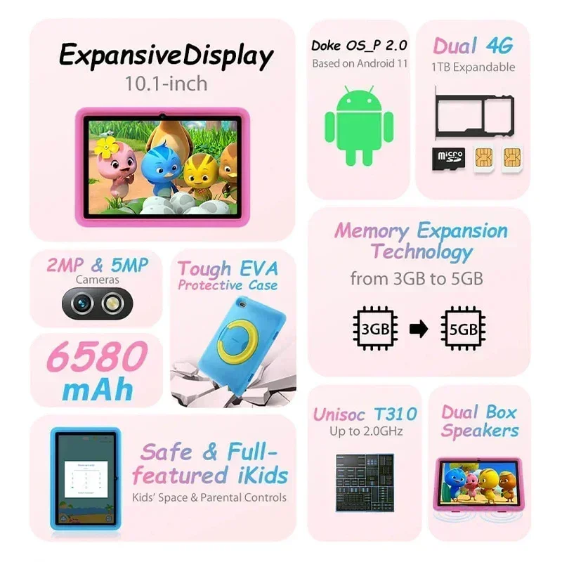 Blackview Tab 7 Kids Display da 10,1 pollici 5 GB (3+2 Espandi) 32 GB ROM 6580 mAh Batteria Dual 4G Android 11 Tablet per bambini anticaduta