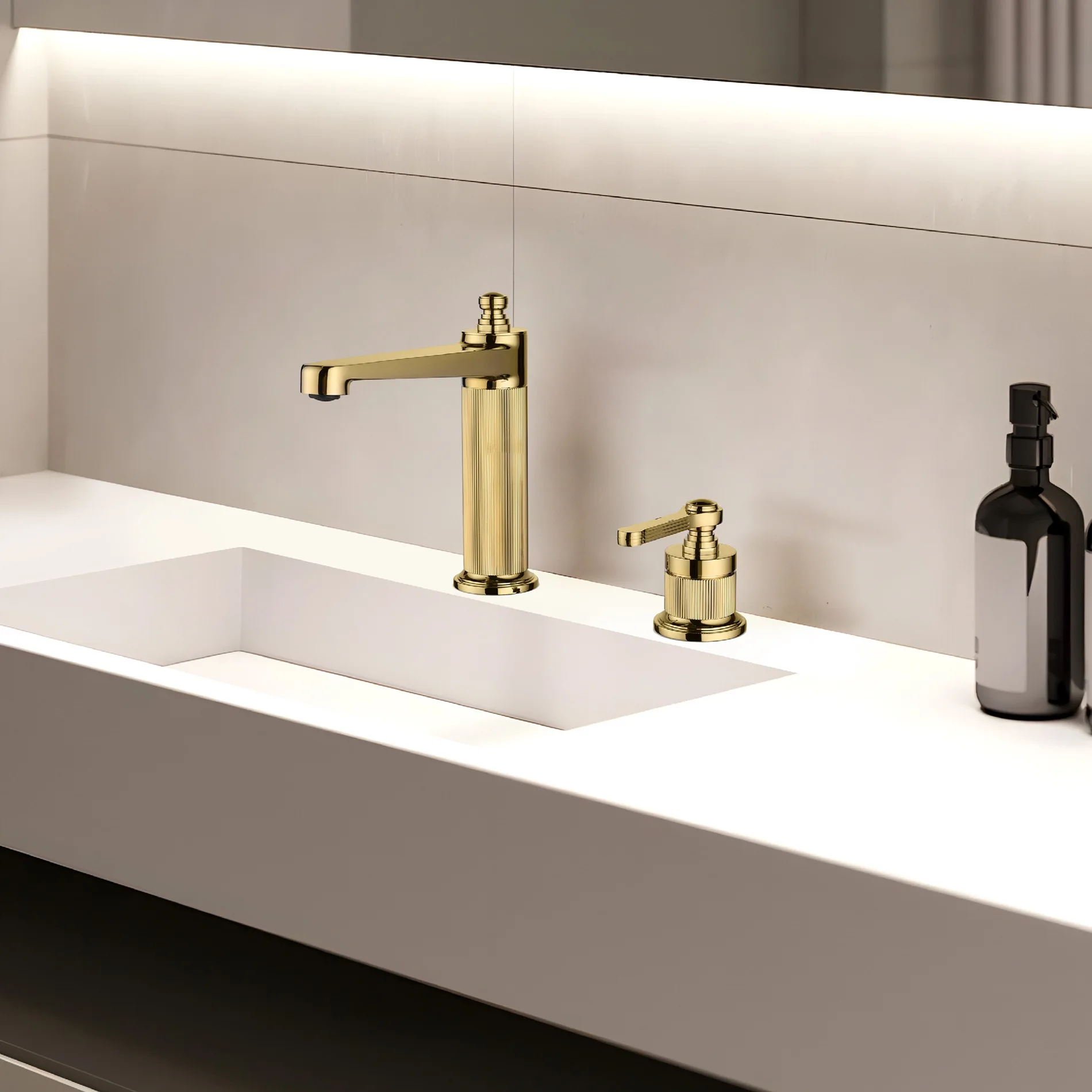 

Full copper gun gray brushed gold faucet, light luxury basin, three hole basin, hot and cold water faucet, washbasin faucet