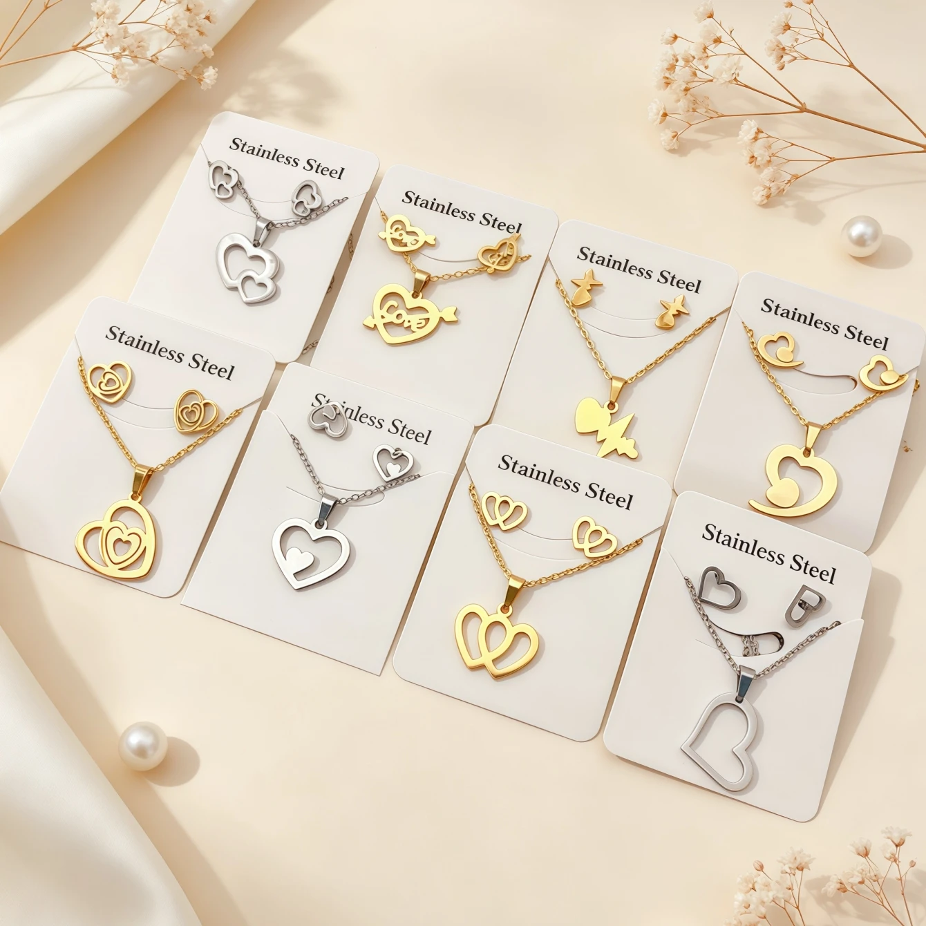 8Sets Fashion Elegant Heart Love Stainless Steel Earrings Necklace Set For Women Mix Style Trendy Jewelry Party Gifts