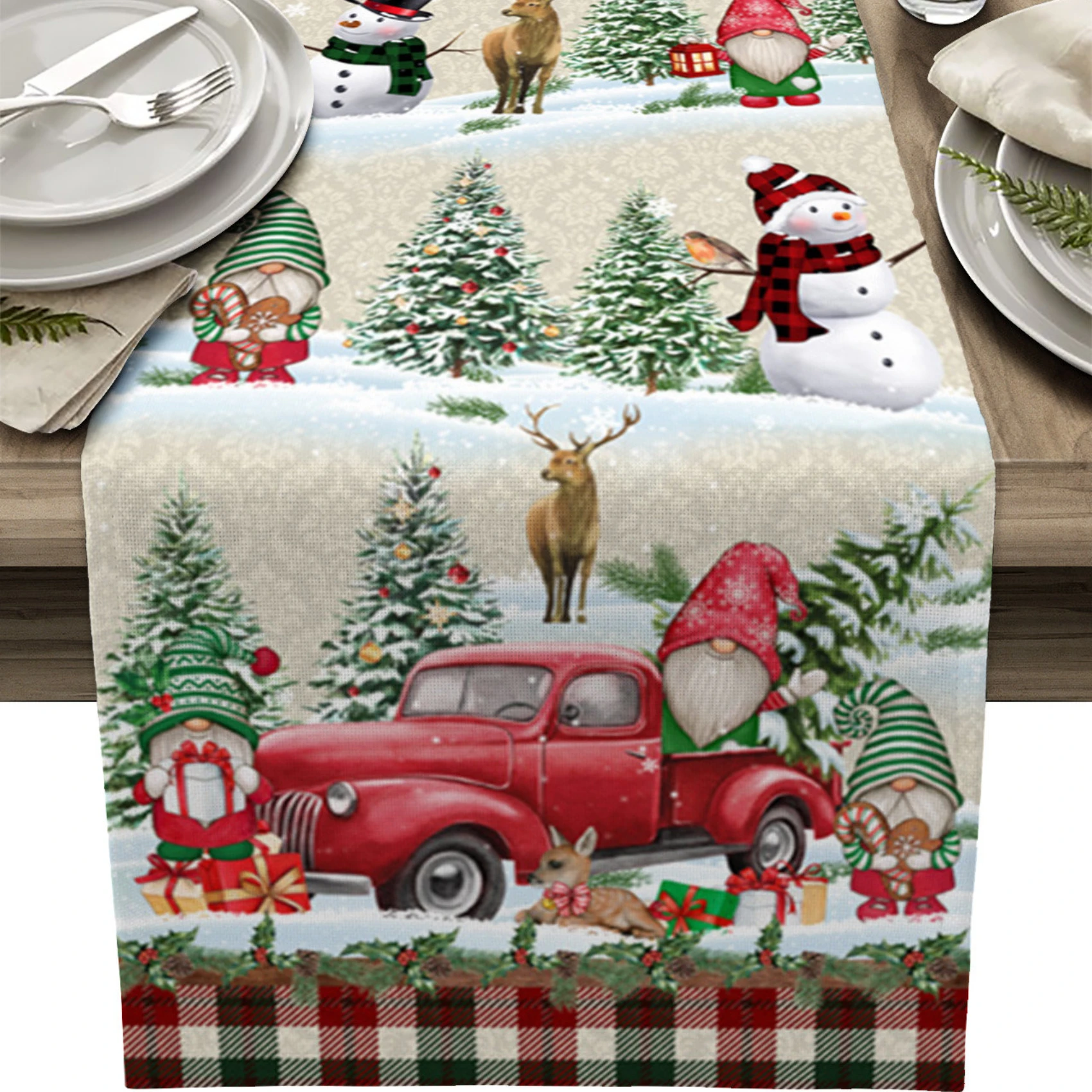 

Santa Snowman Truck Pattern Table Runner Linen Stain Resistant Wedding Party Home Christmas Decor Kitchen Table Decorations