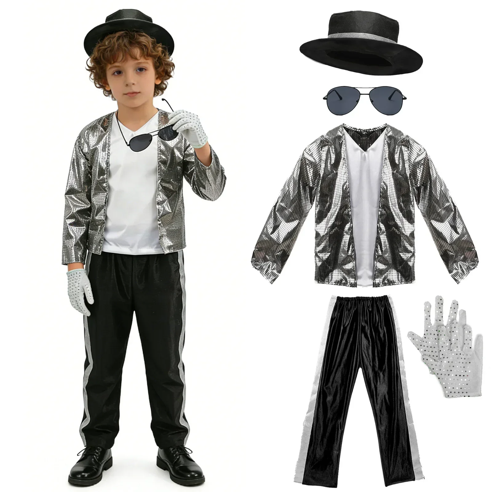 Komplettes Set Kinder Glänzendes Pailletten-Bühnenkostüm Retro Sängerkostüm Karneval Halloween Party Anzug Jazz-Tanzkostüm – Detail 5