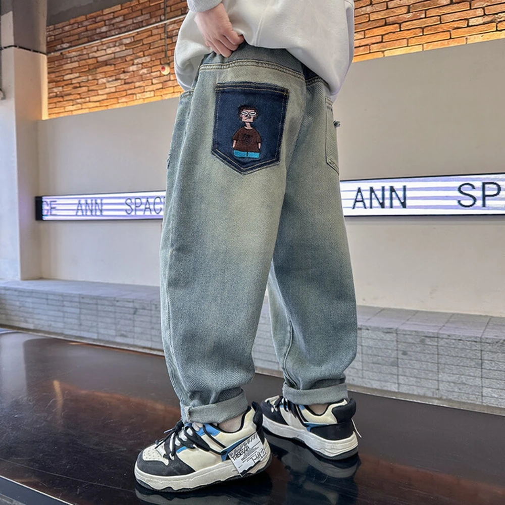 

Children's Embroidery Pocket Jeans for Boys - Spring Elastic Waist Denim Pants High-Quality Teenage Kids' Trousers