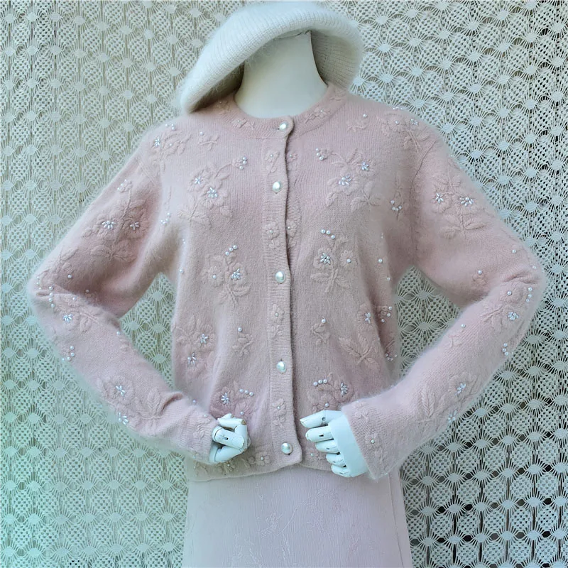 Women Vintage Embroidery Hairy Angora Rabbit Hair Knitted Beading Long Sleeves Fall Winter Clothing Sweater Cardigan Jacket Pull