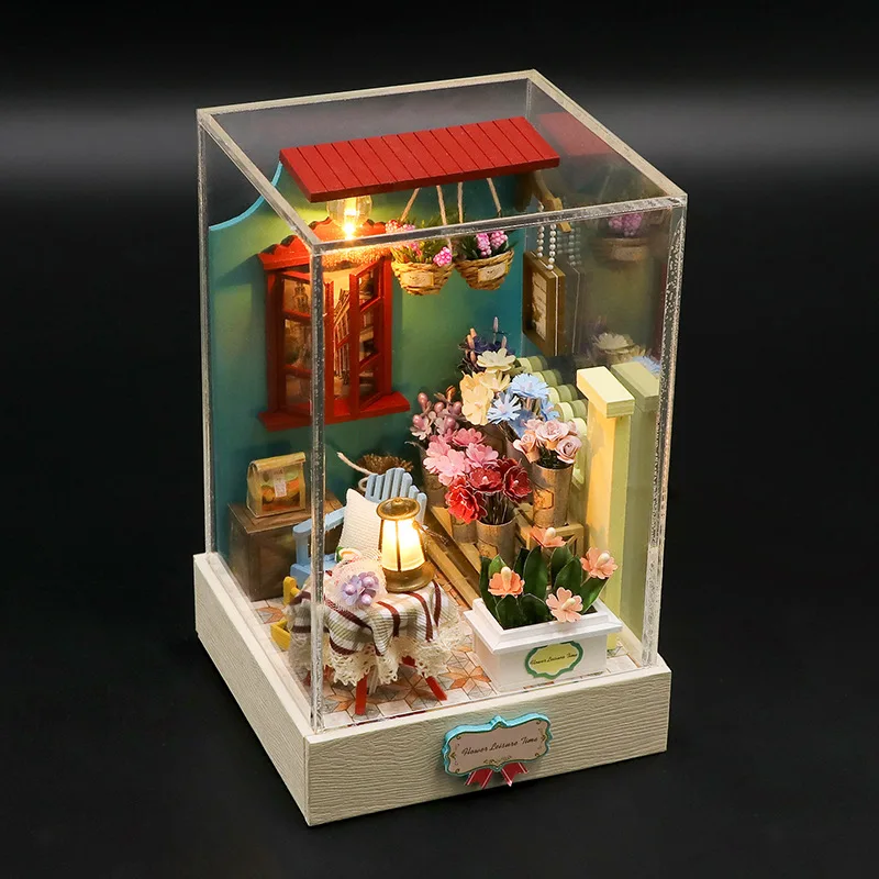 Kit de modelo en miniatura de madera DIY, estación de pastel, Casa de muñecas, rompecabezas 3D, flor, Casa de muñecas con muebles, luces para regalos de amigos