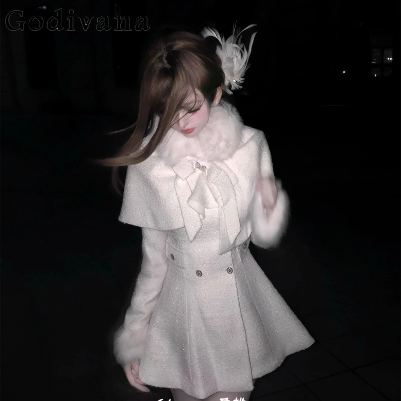 

French Style White Elegant Bow Cape and Skirt Set Girls Autumn Winter Waist Japanese Suit Women's Lolita Sweet Cute Outfits