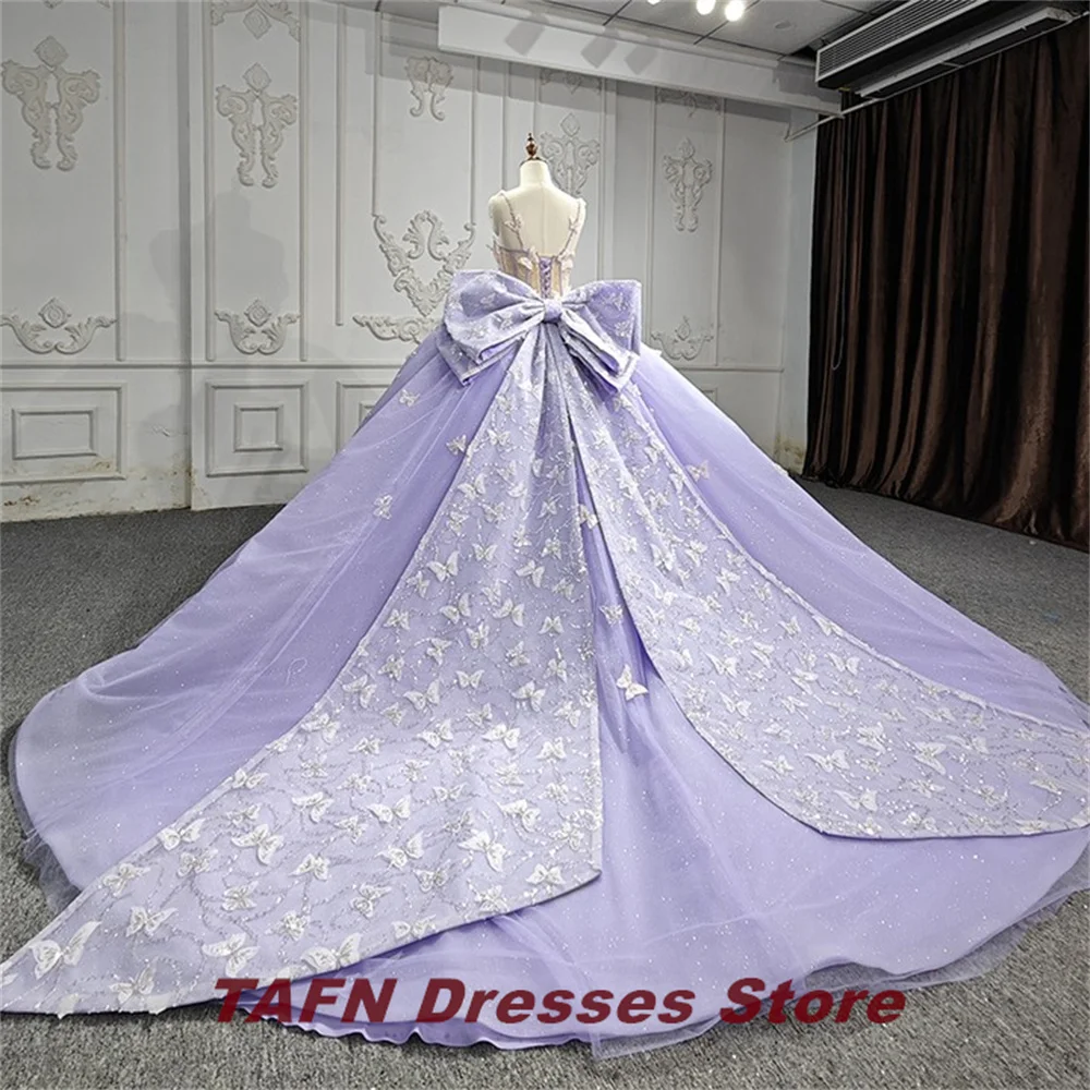 TAFN-vestidos de Quinceañera de ensueño púrpura, vestido de baile con tirantes finos, apliques de mariposa, línea A, lazo con cordones, tren de la capilla