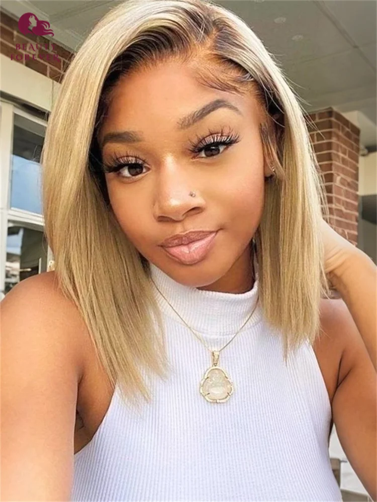 

Beautyforever Blonde Highlights Bob Human Hair Wig With Brown Roots Side Part Straight Bob Wig Pre Cut Lace Pre Bleached Knots
