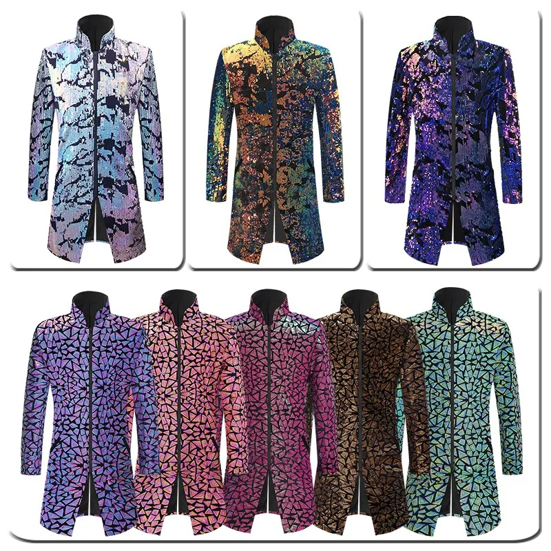 2025 Stand Collar Map Sequin Mid-Length Zipper Blazer for Men,Fashion Runway Show Triangle Sequin Men's Jacket /Performance Wear